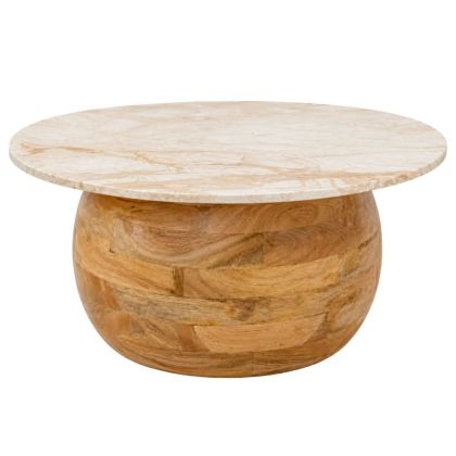 Round wooden coffee table with white top and marble effect D90X50CM