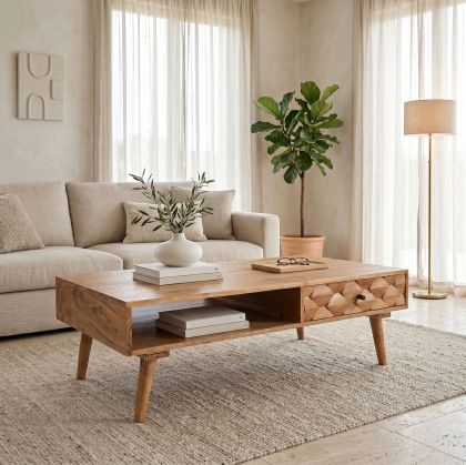Coffee table Kaldio solid acacia wood in natural color 120x60x40cm