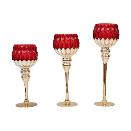 Set of 3 glass candlesticks FL6910 red-gold color 30-35-40cm