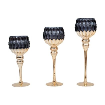 Set of 3 glass candlesticks FL6910 black-gold color 30-35-40cm