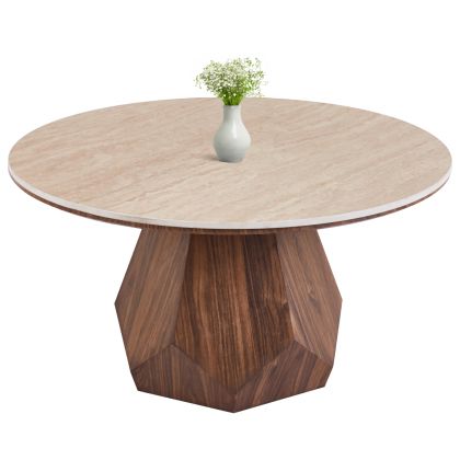 Холна маса Venera HM18441 керамичен плот с вид на травертин и камък - Mdf основа орех Φ80X42H