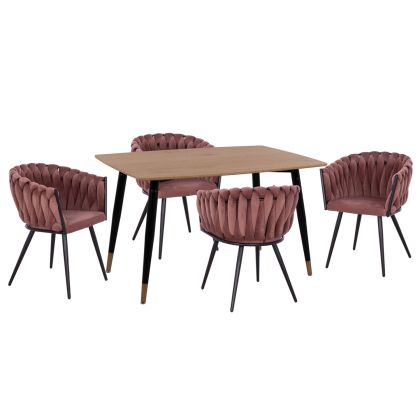Комплект за трапезария 5 части Aliza HM12122.01 Mdf плот в естествен дървесен цвят - прашно розово кадифе