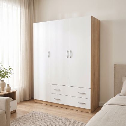 Трикрилен гардероб с 2 чекмеджета Alvia бял със сонома 150x51x180см