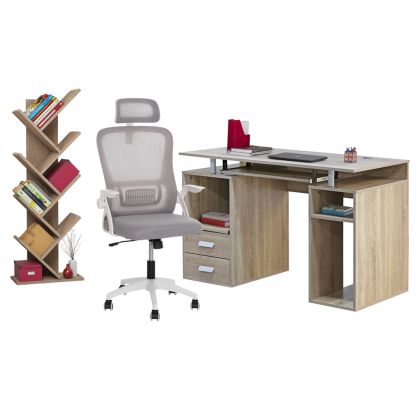 Комплект мебели за студенти 3 бр. HM11207 бюро + етажера + офис стол - сонама/бял