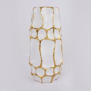 ВАЗА, КЕРАМИКА, БЯЛО И ЗЛАТНО, 15,5x15,5x31,5 см