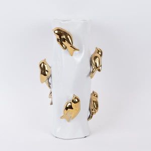 ВАЗА, КЕРАМИКА, БЯЛО И ЗЛАТНО, 19,5x19,5x38,5 см