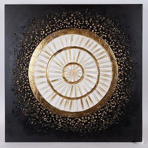 КАРТИНА НА ПЛАТНО, ДИЗАЙН НА КРЪГ, ЧЕРНО-ЗЛАТНО-БЯЛО, 80x80x3cm
