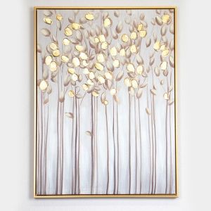 КАРТИНА НА ПЛАТНО, КЛОНКИ СЪС ЗЛАТНИ ЛИСТА, СВЕТЛО СИНЯ, 60x80x3,5cm