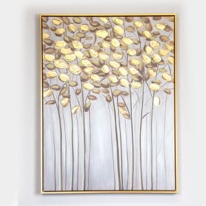 КАРТИНА НА ПЛАТНО, КЛОНКИ СЪС ЗЛАТНИ ЛИСТА, СИВО, 60x80x3,5 см