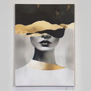 КАРТИНА ПЛАТНО, ЛИЦЕ НА ЖЕНА, ЧЕРНО-БЯЛО-ЗЛАТНО, 50x70cm