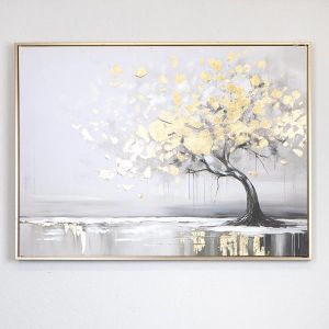 ПЛАТНО В РАМКА, РЪЧНО РИСУВАНО, ДЪРВО, ЗЛАТИСТО-СИВО-ЧЕРНО, 60x80x3cm