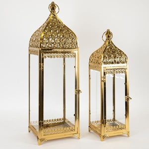 ФЕНЕРИ, ДЪРВЕНИ, ЗЛАТНИ, МЕТАЛЕН ПЛОТ, КОМПЛЕКТ 2БР, S: 16x16x49, L: 21.5x21.5x62cm