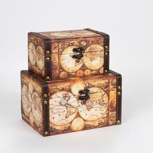 ДЕКОРАТИВНА КУТИЯ, ДЪРВЕНА, ДИЗАЙН НА КАРТИ, КОМПЛЕКТ 2БР, 20x14x12cm,16x11x9cm