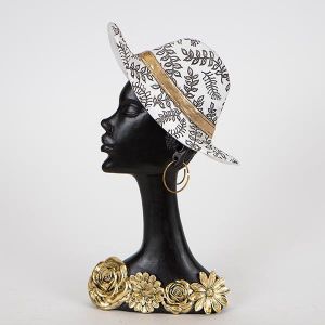 ДЕКОРАТИВНА СКУЛПТУРА, СМОЛА, ЖЕНСКА С ШАПКА, БЯЛО-ЧЕРНО-ЗЛАТНО, 14.5x6x27.8cm