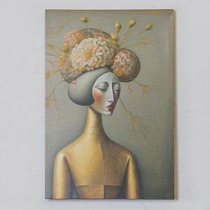 КАРТИНА ДЕСЕН ПРОФИЛ НА ГЕЙША, ЗЛАТИСТО-БЯЛО-СИВО, 40x60cm