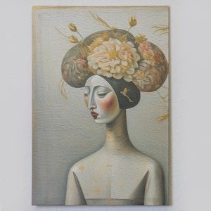 КАРТИНА ГЕЙША, ЛЯВ ПРОФИЛ, ЗЛАТИСТ-БЕЖОВ-БЯЛ-СИВ, 40x60см