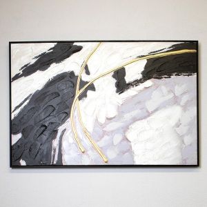 КАРТИНА НА ПЛАТНО, АБСТРАКТНО ИЗКУСТВО, БЯЛО-ЧЕРНО-СИВО-ЗЛАТНО, 120x80x3.5cm