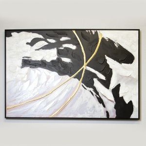 КАРТИНА НА ПЛАТНО, АБСТРАКТНО ИЗКУСТВО, БЯЛО-ЧЕРНО-СИВО-ЗЛАТНО, 120x80x3.5cm