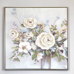 КАРТИНА НА ПЛАТНО, ЦВЕТЯ ВЪВ ВАЗА, БЯЛО-СИВО, 80x80x3,5cmcm