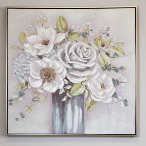 КАРТИНА НА ПЛАТНО, ЦВЕТЯ ВЪВ ВАЗА, БЯЛО-СИНЯ, 80x80x3,5cmcm