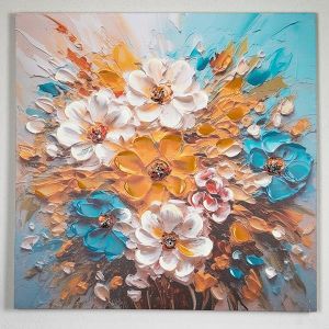 КАРТИНА НА ПЛАТНО, ЦВЕТЯ, БЯЛО ЖЪЛТО- БЕБЕШКО СИНЬО, 80x80x2,5 см