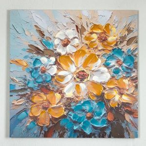 КАРТИНА НА ПЛАТНО, ЦВЕТЯ, ЖЪЛТО-БЯЛО-СИНЬО, 80x80x2,5см