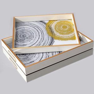 ПОДНОС, PS, СЪС ЧАША, ЗЛАТНО-БЯЛА, КОМПЛЕКТ 2БР, L:40x30x4.5, S:35x25x3.5cm