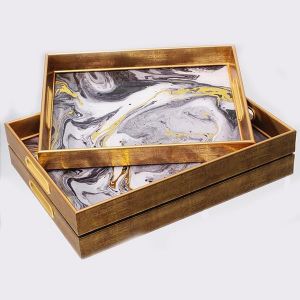 ПОДНОС,PS, СЪС ЧАША, ЗЛАТО,КОМПЛЕКТ 2БР, L:40x30x4.5, S:35x25x3.5cm