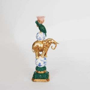 СВЕЩНИК СЛОН, ПОЛИЗЕРИН, ЗЕЛЕН И ЗЛАТЕН, 1 ПОЗИЦИЯ, 8x29,5 см