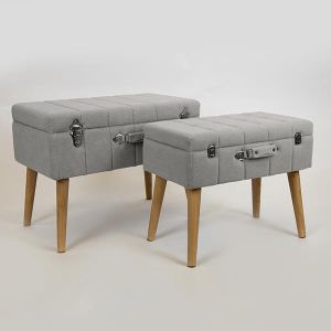 ТАБУРЕТКА, КАДИФЕ, СИВА, ДЪРВЕНИ КРАКА, ДИЗАЙН НА КУФАР, КОМПЛЕКТ 2БР, 62x36x48, 52x31x43см