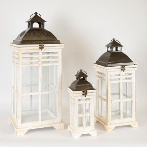 ФЕНЕРИ, ДЪРВЕНИ, БЕЛИ, МЕТАЛЕН ПЛОТ, ЧЕРНИ, КОМПЛЕКТ 3БР, S: 14X14X34, M: 20X20X52, L: 26X26X67cm