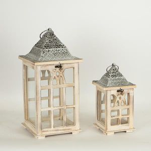 ФЕНЕРИ, ДЪРВЕНИ, ЕСТЕСТВЕН ЦВЯТ, МЕТАЛЕН ПЛОТ, СИВИ, КОМПЛЕКТ 2БР, L:19x19x40,5cm, S:13x13x26,5cm