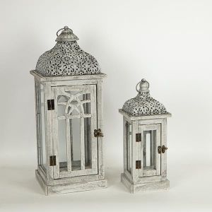 ФЕНЕРИ, ДЪРВЕНИ, СИВИ, МЕТАЛЕН ПЛОТ, КОМПЛЕКТ 2БР, L:22x22x54.5cm, S:14.5x14.5x37.5cm