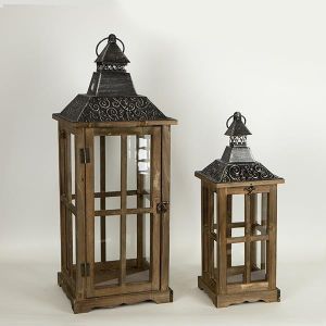 ФЕНЕРИ, ДЪРВЕНИ, ТЪМНО КАФЯВИ, МЕТАЛЕН ПЛОТ, КОМПЛЕКТ 2БР, L:24.5x24.5x66.5cm, S:17x17x44cm
