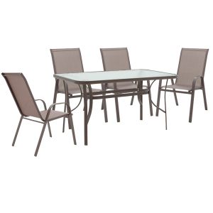 ТРАПЕЗЕН КОМПЛЕКТ ОТ 5 ЧАСТИ ЧАСТИ ENSURE-CALAN МЕТАЛ-СТЪКЛО КАФЯВ 140X80X70СМ