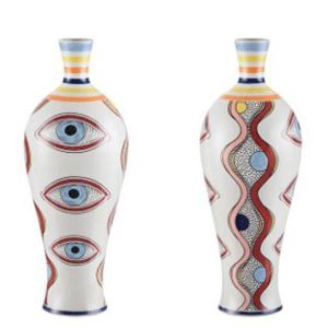 ВАЗА КЕРАМИЧНА, БЯЛА СЪС СИНИ ОЧИ, 16.2x16.2x43.5 см