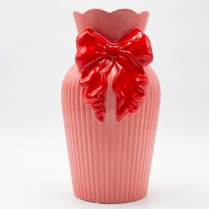 ВАЗА С ПАНДЕЛКА, КЕРАМИЧНА, РОЗОВО-ЧЕРВЕНА, 14.5x14x17.2см