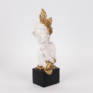 ДЕКОРАЦИЯ ЗА МАСА, СКУЛПТУРА, ЖЕНА С ЦВЕТЯ, БЯЛО И ЗЛАТНО, 12x11x33.5 см