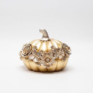 ДЕКОРАЦИЯ ЗА МАСА, ТИКВА С ЦВЕТЯ, ПОЛИРЕЗИН, ЗЛАТНО-СРЕБЪРНО, 13.3x13.5x10.7см