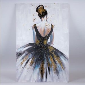 КАРТИНА ПЛАТНО ЖЕНА КАРТИНА С РОКЛЯ БЯЛО - ЧЕРНО - ЗЛАТНО 80x120x3см
