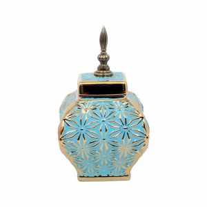 КЕРАМИЧНА ВАЗА СИНЯ-ЗЛАТНА 15*15*26см