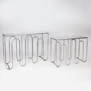 КОНЗОЛА S/2, МЕТАЛ-MDF, СРЕБЪРЕН ЦВЯТ, ОГЛЕДАЛО СЪС СТЪКЛЕН ПЛОТ, 120X35X81СМ, 100X30X70СМ