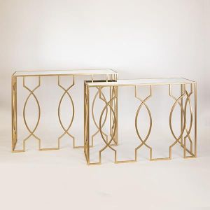 МЕТАЛНА ЗЛАТИСТА КОНЗОЛА СЪС СТЪКЛЕН ПЛОТ 106.5X35.5X79СМ / 101.5X30.5X73.5СМ