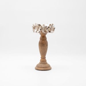 СВЕЩНИК, ЦВЕТЯ, ПОЛИРЕЗИН-ДЪРВО, НАТУРАЛНО-СРЕБЪРНО, 12.3x12.3x26см