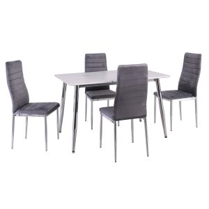 JETTA-DATUM ТРАПЕЗНА МАСА, ХРОМ, БЯЛА MDF МАСА + 4 СИВИ ВЕЛУРЕНИ СТОЛА