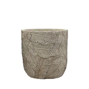 БЕЖОВА КРЪГЛА САКСИЯ С РЕЛЕФЕН МОДЕЛ НА ЛИСТА, СРЕДНА - Φ15x14.5 см 12/20 КУТИЙКИ