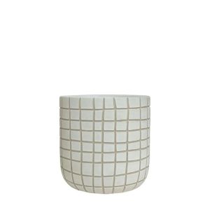 БЯЛА КРЪГЛА РЕЛЕФНА САКСИЯ С КАРИРАН МОТИВ, МАЛКА - Φ13x12.5 см 18/15KIB