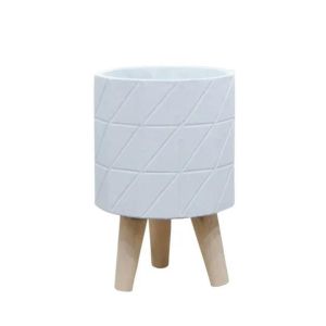 БЯЛА ЦИМЕНТОВА САКСИЯ С ДЪРВЕНИ КРАКА Φ16x15.5/23.5см 6 бр./КУТИЯ