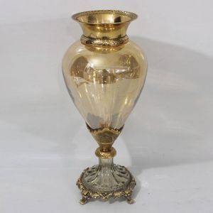 ВАЗА, СТЪКЛО С МЕТАЛНИ АКЦЕНТИ, АНТИЧНО ЗЛАТИСТО-КЕХЛИБАРЕНО СТЪКЛО, 17x17x38см