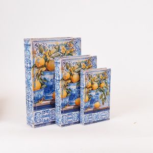 ДЕКОРАТИВНА КУТИЯ S/3, ДЪРВЕНА С ЛИМОНИ, СВЕТЛО СИНЬО-ОРАНЖЕВО, 33x22x7см